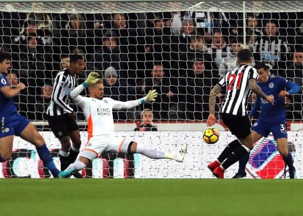 Joselu (right) scores Newcastle Uniteds first goal in the fourth minute against Leicester City at St Jamess Park.