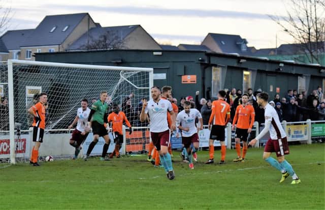 Louis Storey wheels away after scoring South Shields' second goal at Brighouse Town. Picture by Kev Wilson.