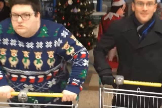 The supermarket sweep begins! Picture: Jarrow Morrisons on YouTube.