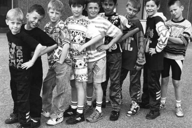 Models of a different type. South Tyneside youngsters modelling sports and leisure wear  in April 1991.  Do you recognise  any of the pupils pictured? Why were the lads modelling the clothes?