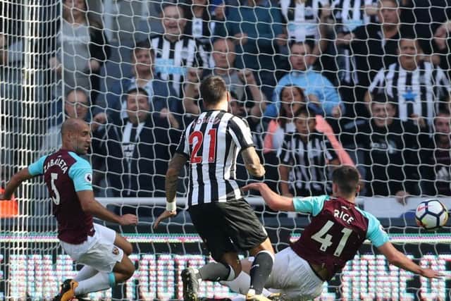 A shot of Joselu's goal against West Ham from earlier this season - his first in black and white