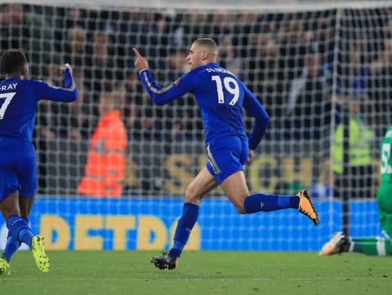Islam Slimani scores in the League Cup for Leicester City earlier this season.