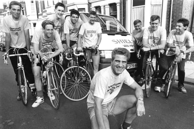 Charity bike riders pictured in July 1989.
