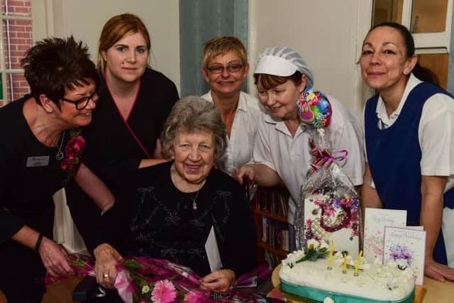 Celebrating her 102nd birthday, Lily Burns, of Garden Hill Care Home, South Shields with staff l-r Denise Peel manager, Sina Scott activities manager, Angela Olsen admin, Sandra Jewit and Karen Lincoln kitchen staff.