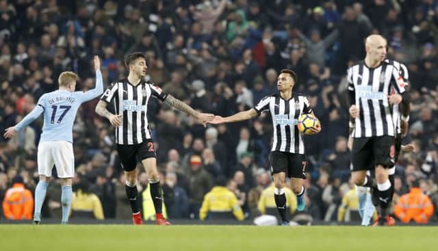 Newcastles Jacob Murphy (right) celebrates scoring against Manchester City at the Etihad Stadium on Saturday.