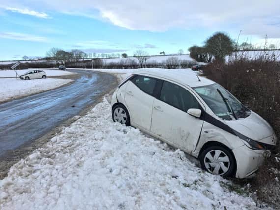 Two cars crashed in icy conditions just yards apart on the Elwick-Dalton crossroads near Hartlepool. Pic: Frank Reid.