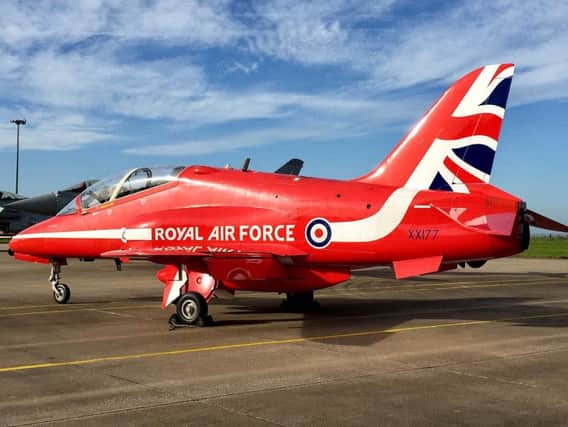 A Red Arrows Hawk TMk1 XX177 at RAF Scampton, the plane involved in the death of RAF Flight Lieutenant Sean Cunningham, who was killed after being ejected from the cockpit whilst still on the ground at RAF Scampton in Lincolnshire in 2011.