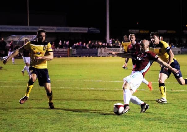 Gavin Cogdon fires in a shot for South Shields against Tadcaster Albion last night. Picture by Kevin Wilson