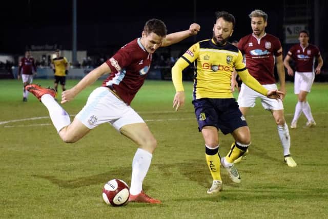 Graeme Armstrong lines up a shot in South Shields' 0-0 draw with Tadcaster Albion. Picture by Kevin Wilson