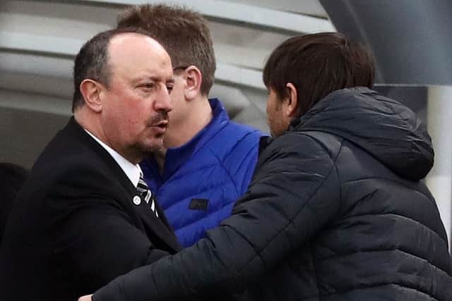 Rafa Benitez with Chelsea boss Antonio Conte yesterday.