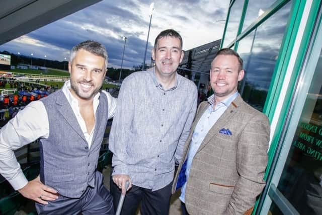 Sky Sports News presenter, Pete Graves, with Paul George and John Savage, during a fundraising event held in support of Paul, in 2017.