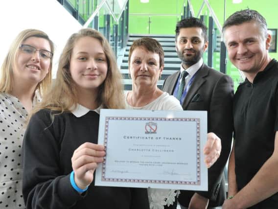 Glen Corner Trust members Gemma Maughan, far left, and Pat McDougall, centre, with, from left, South Shields Community School pupil Charlotte Collinson, associate headteacher Hojab Zaheer, and Sgt Steve Prested, of Northumbria Police, at a 2017 anti-knife talk.