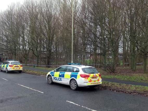 Police on scene of the incident in Calf Close Burn, in Jarrow, today.