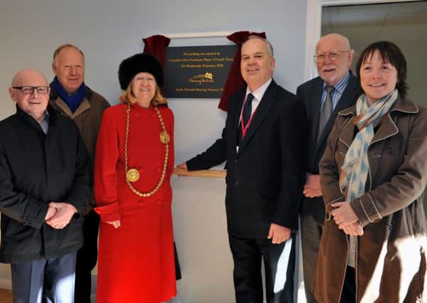 The Mayor Cllr Olive Punchion officially opening South Tyneside Housing Venture's Riverside Apartments, River Drive, South Shields, with Peter Davidson, architect David Brown, Brian Scott, Cllr Allan West, and Galliford Try's Alexandra Ross.