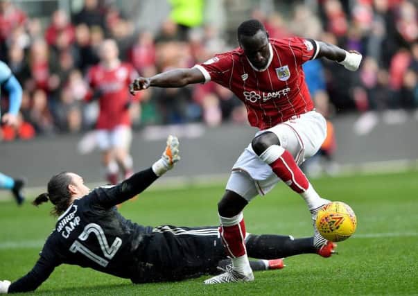 Famara Diedhiou rounds Lee Camp to score for Bristol City against Sunderland last weekend. Picture by Frank Reid.