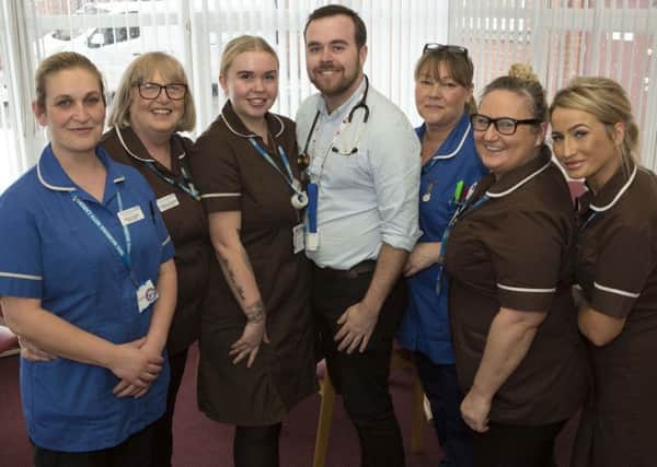 Staff from Ward 19 at South Tyneside District Hospital, left to right, staff nurse Kelly Hicks, auxiliary nurses Carole Leithead and Amelia Hambley, Dr Dominic Maxfield, staff nurse Karen Turnbull and auxiliary nurses Susan Pratt and Lisa Hall.