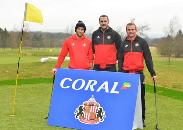 SAFC players Adam Matthews, John O'Shea and Lee Cattermole take part in the Coral Sunderland AFC Golf Challenge yesterday. Picture by Stu Norton