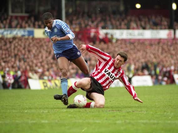 Match winner Peter Davenport, right, in action against Middlesbrough's John Gittens during Sunderland's 1-0 win in 1992.