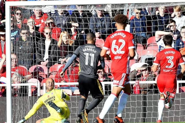 Boro keeper Darren Randolph is helpless as Sunderland's Lewis Grabban misses a glorious chance in November's Championship clash at the Riverside. Picture by Frank Reid.