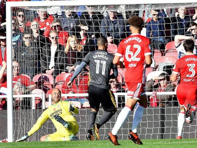 Boro keeper Darren Randolph is helpless as Sunderland's Lewis Grabban misses a glorious chance in November's Championship clash at the Riverside. Picture by Frank Reid.