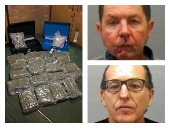 Carlos Gonzalez-Cortes, top, and Leon Espada were arrested as they flew into Newcastle Airport from Spain with suitcases full of drugs, left.