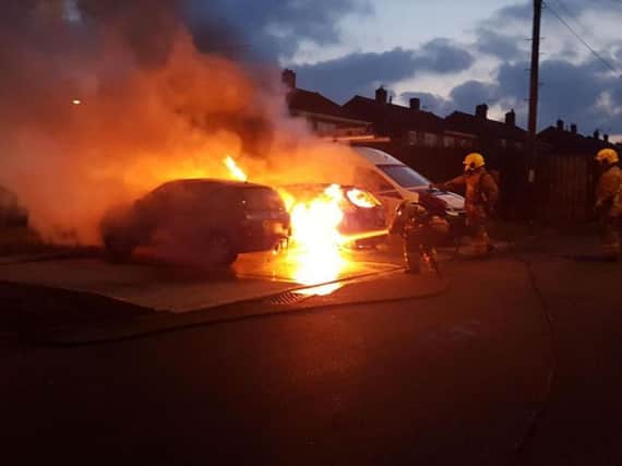 Two cars and a van were destroyed in a suspected arson attack in Peel Gardens, Simonside, South Shields. Pic: Lisa Handy.