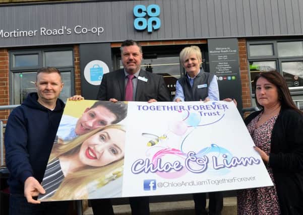 Chloe & Liam Together Forever Trust support by th CO-OP
Back area manager Michael Boucher and store manager Cheryl Gray.
Front trust's Mark Rutherford and Caroline Curry