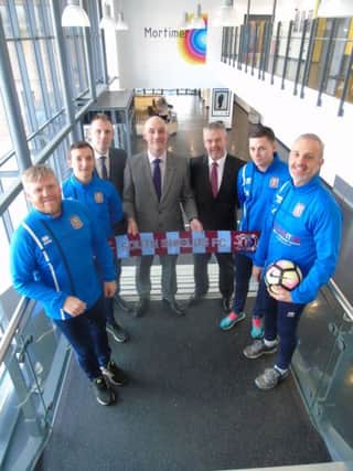 From left to right, South Shields FC joint manager Graham Fenton, head of youth performance and development Jamie Williams, Mortimer Community College deputy headteacher Stephen Pickersgill and headteacher Simon Hignett, South Shields FC managing director Keith Finnigan, coach Wess Brown, who will help to run the new programme, and joint manager Lee Picton.