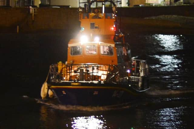 Hartlepool Rnli all weather lifeboat returns from the search for the missing ferry passenger. Photo by RNLI/Tom Collins.