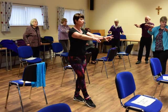 Over 50's fitness class for those who are suffering from lomg term ilness at St. Gregory's  Church Hall, Borough Road, South Shields. Instructor Zoe Glendenning of Staying Active