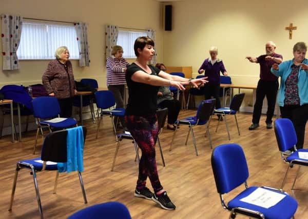 Over 50's fitness class for those who are suffering from lomg term ilness at St. Gregory's  Church Hall, Borough Road, South Shields. Instructor Zoe Glendenning of Staying Active