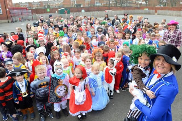 World Book Day parade at St Bedes RC Primary School. Headteacher Moya Rooney