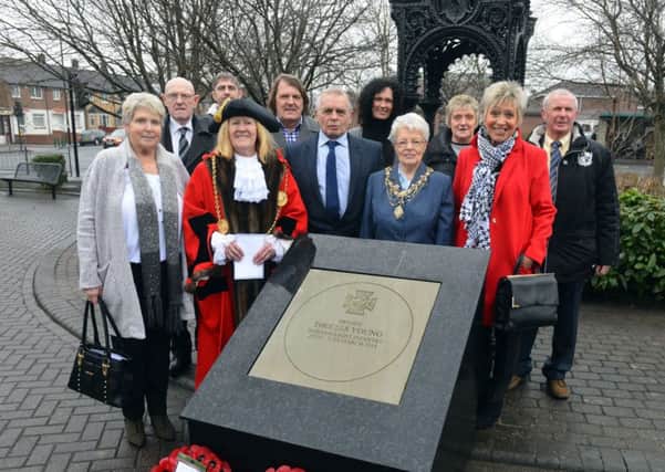 Victoria Cross Private Thomas Young commemorative stone memorial
Mayor and Mayoress of South Tyneside, Councillor Olive Punchion and Mrs Mary French with Private Young's family.