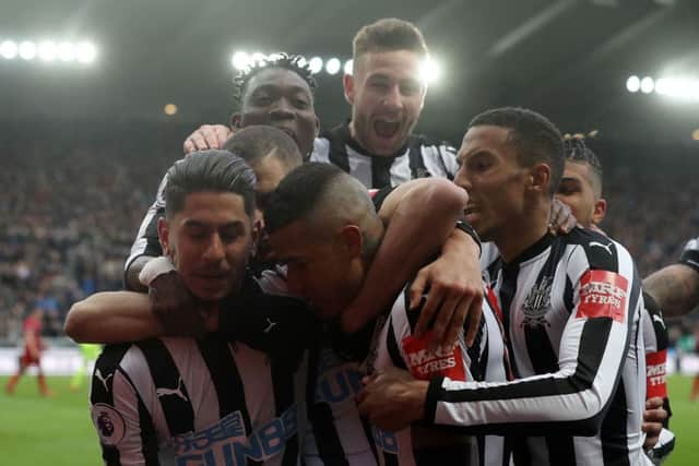 Newcastle's team-mates celebrate with Ayoze Perez.