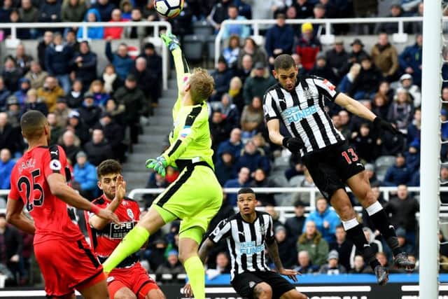 New signing Islam Slimani is denied in the move that led to Newcastle's goal.