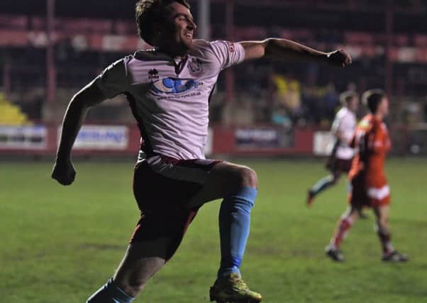 Luke Sullivan enjoys putting Shields 3-1 up at Workington. Picture by Kevin Wilson