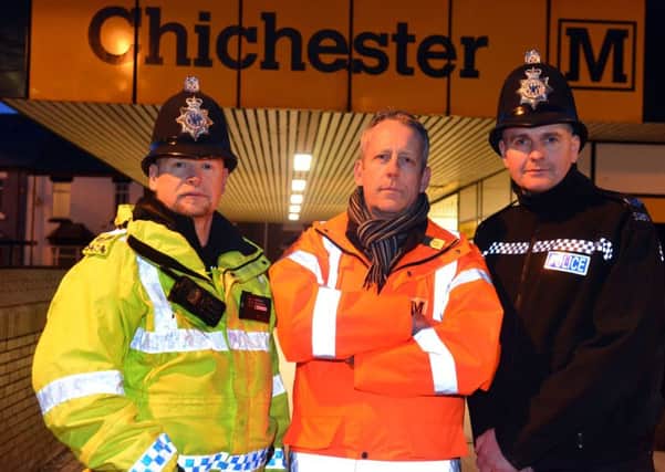 Police and Nexus Chichester Metro station operation From left Neighbourhood Sergeant Dave Stobbs, Nexus Security Manager Paul Harris and Inspector  Steve Prested