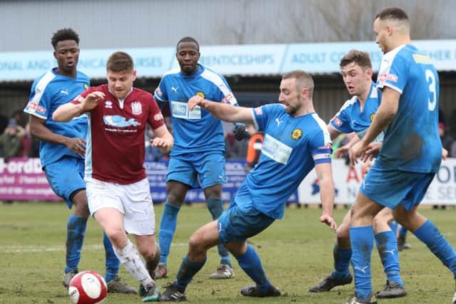 Lee Mason sets up his strike to make it 3-2 for South Shields against Prescot Cables on Saturday. Picture by Peter Talbot