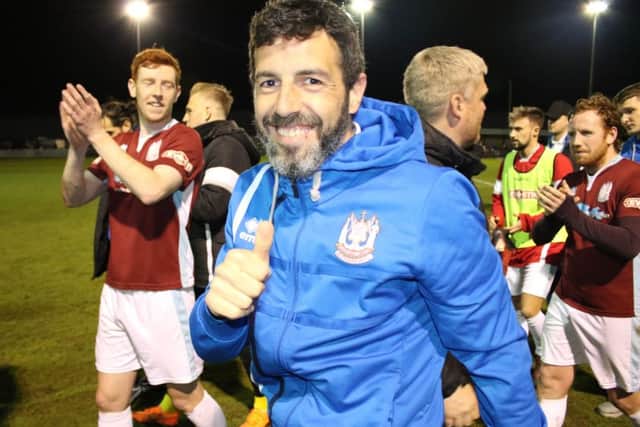 Captain Julio Arca celebrates Shields' promotion. Picture by Peter Talbot