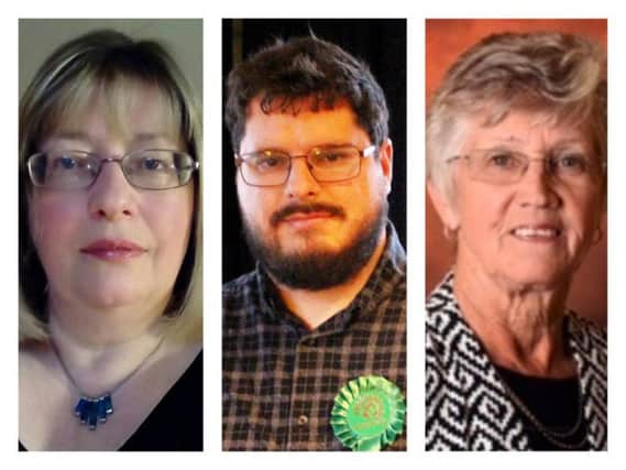 Hebburn South candidates, from left, Fiona Milburn (Conservative), Matthew Giles (Green Party) and Nancy Maxwell (Labour).