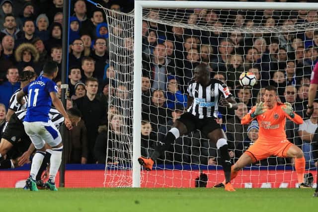 Theo Walcott scores Everton's winner against Newcastle.