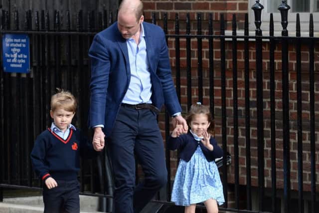 The Duke of Cambridge with Prince George and Princess Charlotte arriving at  St Mary's Hospital in Paddington