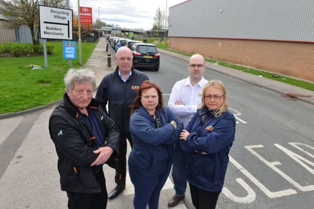 Middlefields Industrial Estate businesses are angry over Recycling Village traffic. From left, Glendale Transport's Norman Moore, Johny Campbell of CTS, Tracey Akinrogunde of BTS, M Technic Oil Quip's Richard Small and CTS's Joanne Byrne.