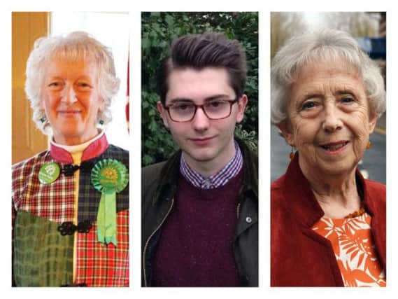From left, Lesley Kay Hanson (Green), Jonathan William Lunness (Conservative) and Moira Smith (Labour).
