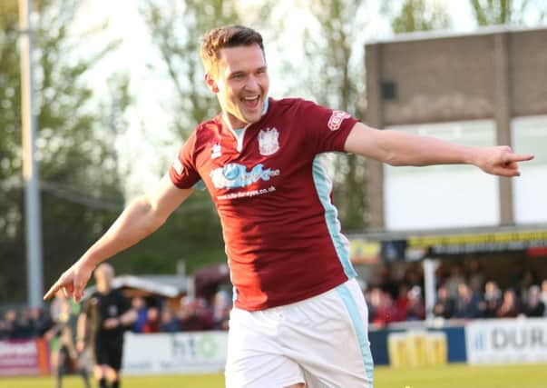 Graeme Armstrong celebrates scoring the second goal for South Shields against Kendal. Picture by Peter Talbot