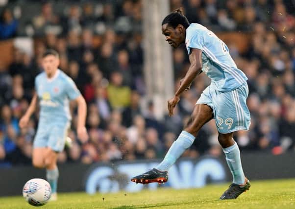 Joel Asoro hits home Sunderland's opener at Fulham. Picture by Frank Reid