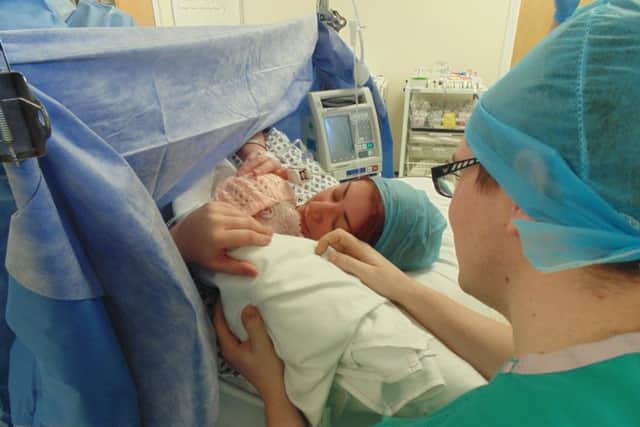 Steph Archbold and Phil Capewell with Amelia shortly after her birth at Sunderland Royal.