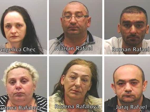 Northumbria Police images of members of a Slovakian family of people traffickers (top row left to right) Angelica Chec, Marian Rafael, Roman Rafael, (bottom row left to right) Ruzena Rafaelova, Ruzena Rafaelova and Juraj Rafael who have been jailed at Teesside Crown Court after they made hundreds of thousands of pounds enslaving homeless people from central Europe.