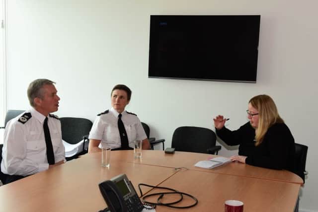 Chief Constable of Northumbria Police Winton Keenan and Chief Superintendent Sarah Pitt, being interviewed by Fiona Thompson, during their visit to the Sunderland Echo offices at Rainton Bridge this morning.