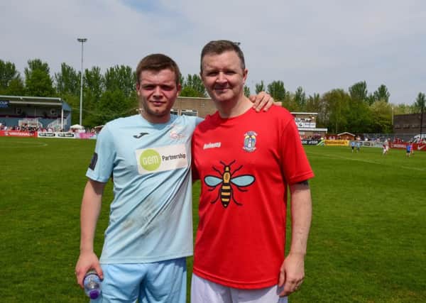 Charity football match to raise funds for the Chloe and Liam Together Forever Trust at Mariners Park, South Shields, yesterday. Mark Rutherford and son Scott who played on opposiute sides